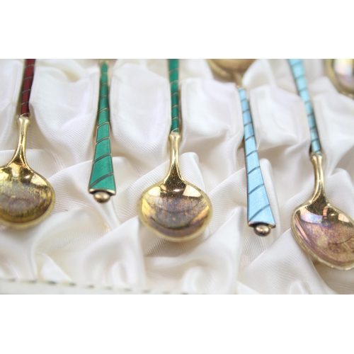 437 - 12 x Vintage ELA Danish .925 Sterling Silver Guilloche Enamel Teaspoons (88g)