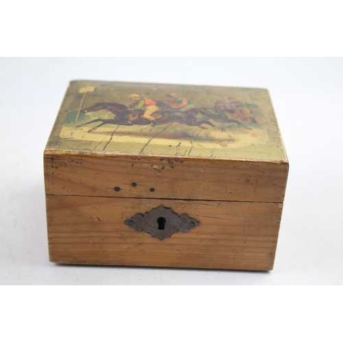 494 - Mauchline Ware Wooden Box Victorian Hand Painted Horse Racing Scene