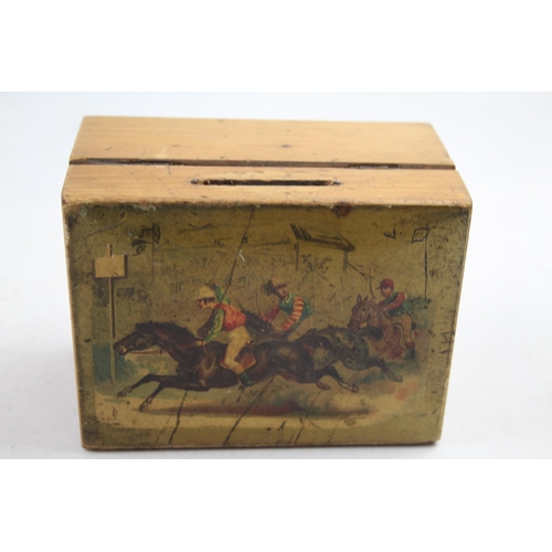 494 - Mauchline Ware Wooden Box Victorian Hand Painted Horse Racing Scene