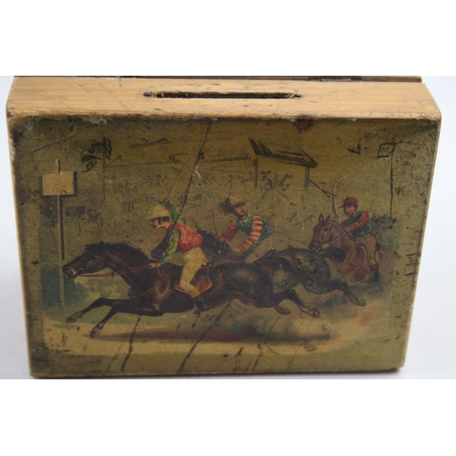 494 - Mauchline Ware Wooden Box Victorian Hand Painted Horse Racing Scene