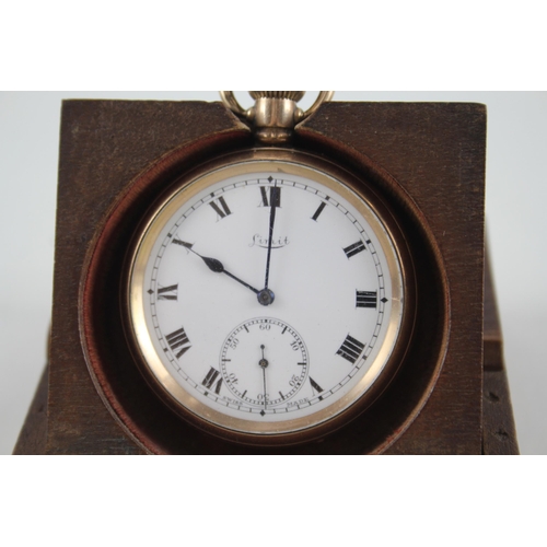 523 - Vintage Limit Rolled Gold Full Hunter Pocket Watch Hand-Wind w/ Wooden Case