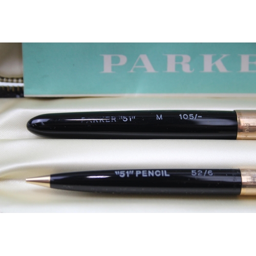 562 - Chalk Marked Vintage PARKER 51 Black Fountain Pen w/ 14ct Nib, Pencil, Box Etc