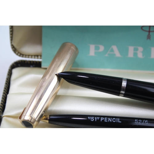 562 - Chalk Marked Vintage PARKER 51 Black Fountain Pen w/ 14ct Nib, Pencil, Box Etc