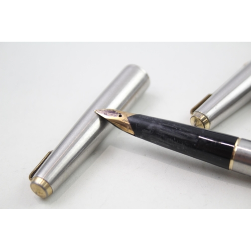 584 - 2 x Vintage PARKER 65 Brushed Steel Fountain Pens w/ 14ct Gold Nib WRITING