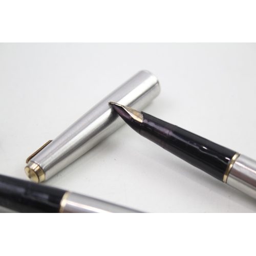 584 - 2 x Vintage PARKER 65 Brushed Steel Fountain Pens w/ 14ct Gold Nib WRITING