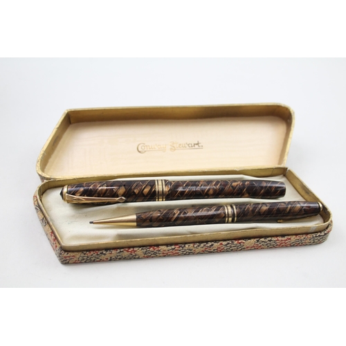 595 - Vintage CONWAY STEWART 58 Brown Fountain Pen w/ 14ct Gold Nib WRITING Boxed