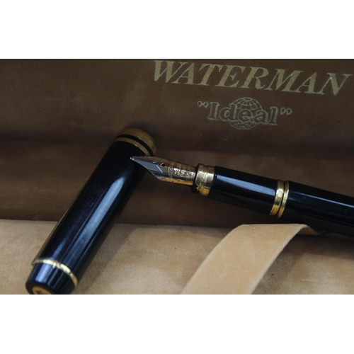 597 - WATERMAN Ideal Black Lacquer Fountain Pen w/ 18ct Gold Nib WRITING Boxed