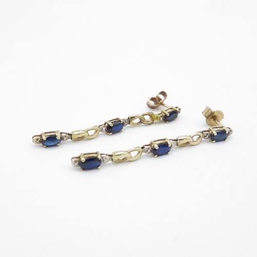 29 - 9ct gold sapphire & diamond drop earrings with scroll backs (2.3g)