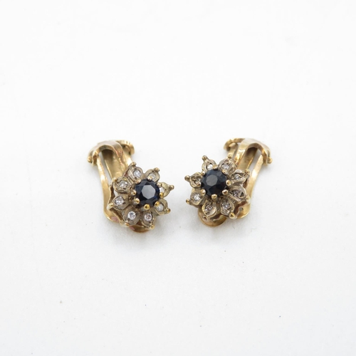 42 - 9ct gold sapphire & diamond cluster clip on earrings (2.5g)