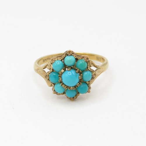 55 - 9ct gold turquoise cluster ring, claw set (1.8g) Size  L