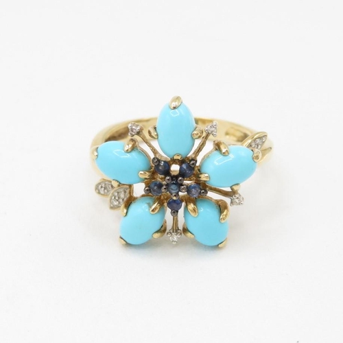 61 - 9ct gold diamond, restored turquoise & sapphire dress ring (3.8g) Size  O