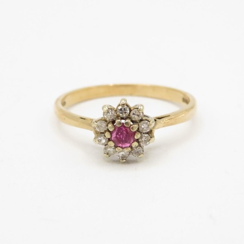 121 - 9ct gold diamond & ruby floral cluster ring (1.7g) Size  N