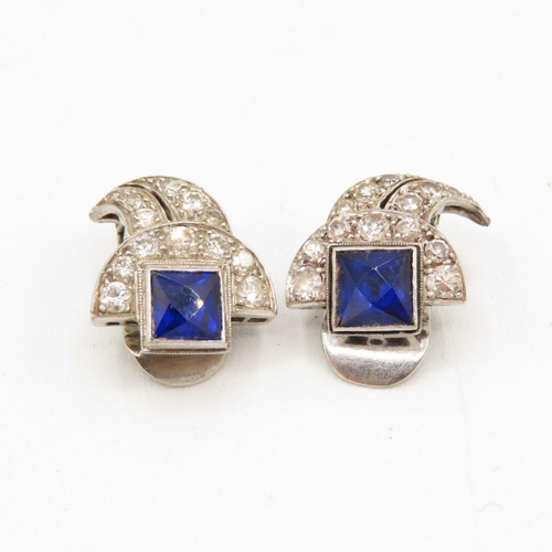 128 - 9ct gold blue gemstone & diamond clip on earrings (5.2g)