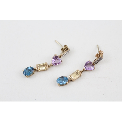 10 - 9ct gold multi-gemstone drop earrings inc. diamond, amethyst, citrine & topaz 2.6g