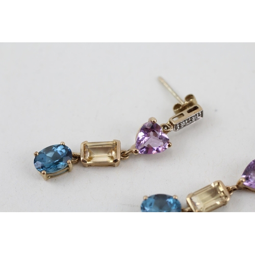 10 - 9ct gold multi-gemstone drop earrings inc. diamond, amethyst, citrine & topaz 2.6g