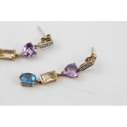 10 - 9ct gold multi-gemstone drop earrings inc. diamond, amethyst, citrine & topaz 2.6g