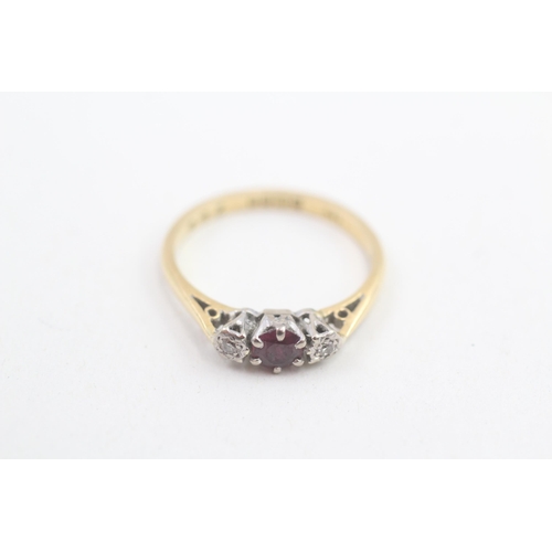 103 - 9ct gold diamond & ruby three stone ring 2.3g Size N