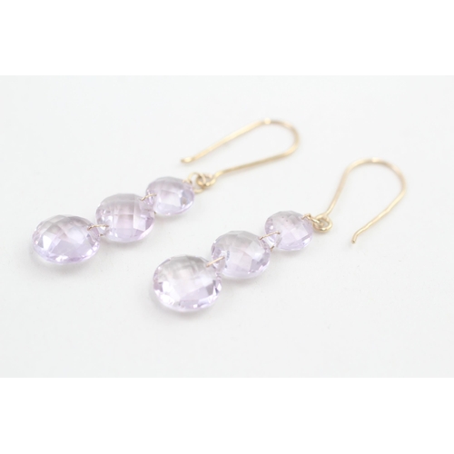 110 - 9ct gold round checkerboard amethyst drop earrings 2.5g