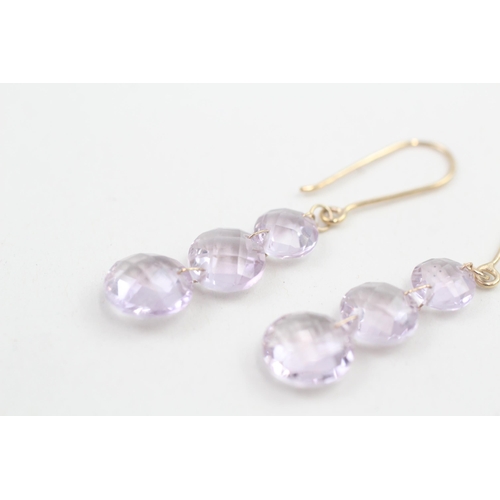 110 - 9ct gold round checkerboard amethyst drop earrings 2.5g