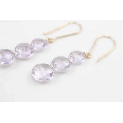 110 - 9ct gold round checkerboard amethyst drop earrings 2.5g