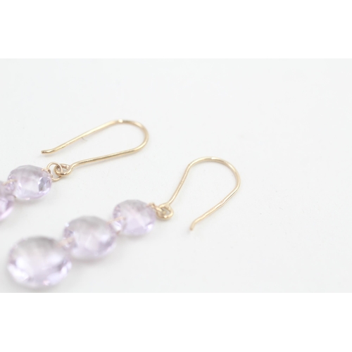 110 - 9ct gold round checkerboard amethyst drop earrings 2.5g