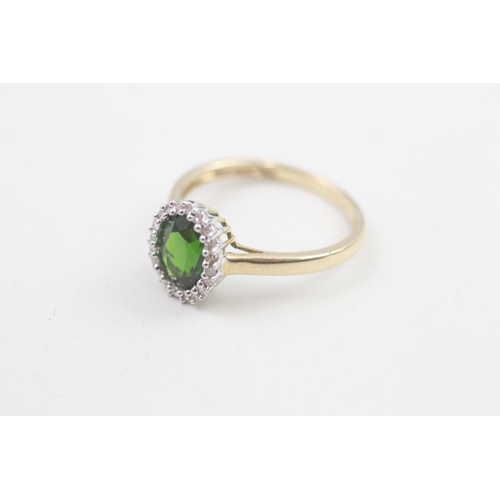 113 - 9ct gold diamond & chrome diopside oval halo ring 2.2g Size O