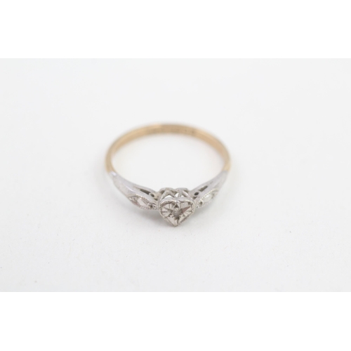 124 - 9ct gold old cut diamond single stone heart ring 1.7g Size M