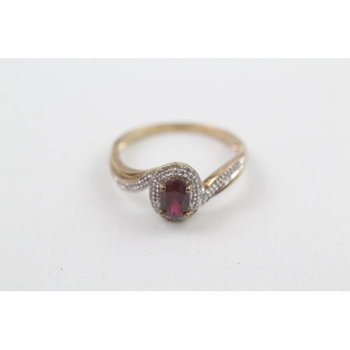 127 - 9ct gold diamond & red gemstone dress ring 1.8g Size M 1/2