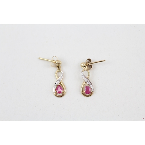 13 - 9ct gold diamond & ruby drop earrings 1.1g