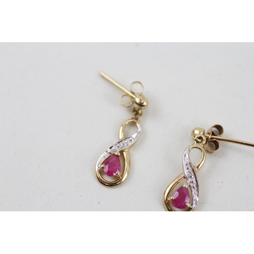 13 - 9ct gold diamond & ruby drop earrings 1.1g