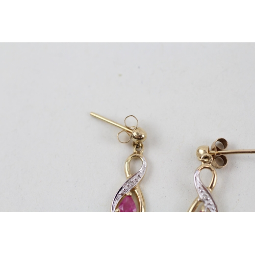 13 - 9ct gold diamond & ruby drop earrings 1.1g