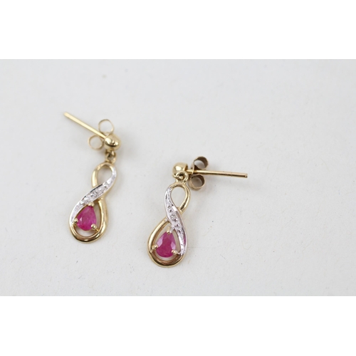 13 - 9ct gold diamond & ruby drop earrings 1.1g