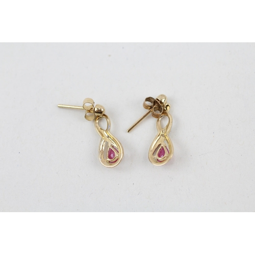 13 - 9ct gold diamond & ruby drop earrings 1.1g