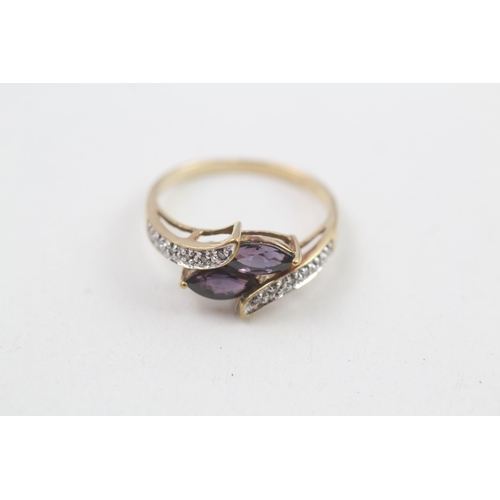 142 - 9ct gold diamond & purple gemstone bypass ring 2.1g Size N 1/2