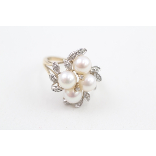 146 - 9ct gold diamond & cultured pearl cluster cocktail ring 4.6g Size O