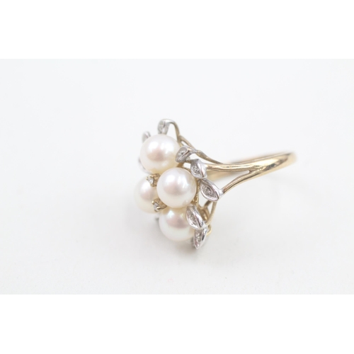 146 - 9ct gold diamond & cultured pearl cluster cocktail ring 4.6g Size O