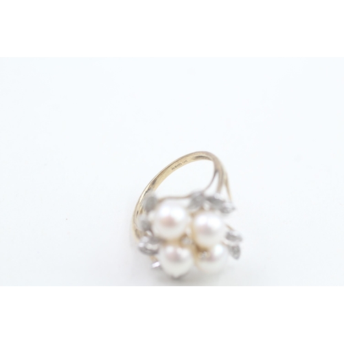 146 - 9ct gold diamond & cultured pearl cluster cocktail ring 4.6g Size O