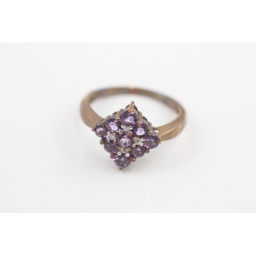 147 - 9ct gold diamond & amethyst cluster ring 2.6g Size O 1/2