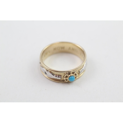 172 - 9ct gold diamond & turquoise paste band ring with foliate motif 3.3g Size N