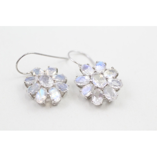 181 - 9ct white gold moonstone floral cluster drop earrings 5g