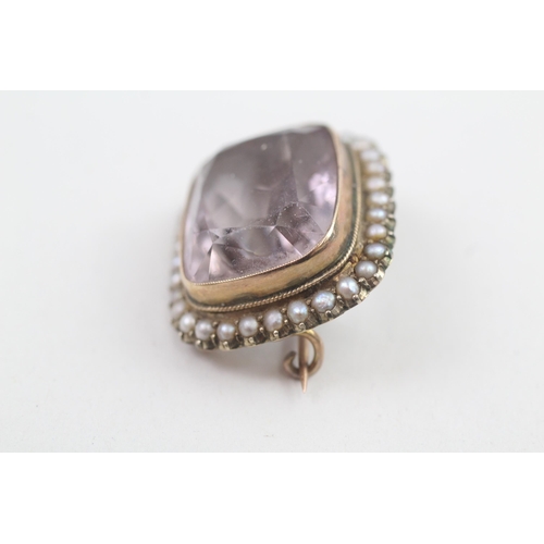 183 - 9ct gold antique amethyst & split pearl brooch 9.8g