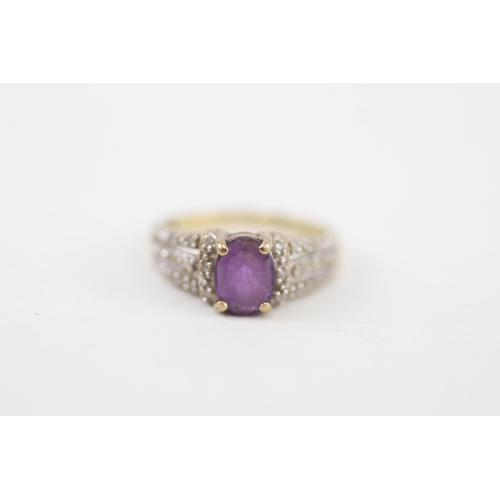 186 - 9ct gold amethyst single stone ring with diamond set split shank 2.6g Size L