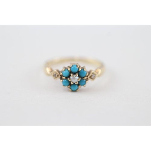 187 - 9ct gold faux turquoise & seed pearl floral cluster ring with cubic zirconia sides 1.9g Size N