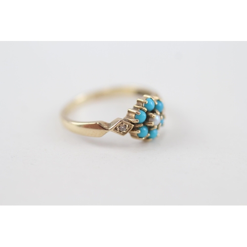 187 - 9ct gold faux turquoise & seed pearl floral cluster ring with cubic zirconia sides 1.9g Size N