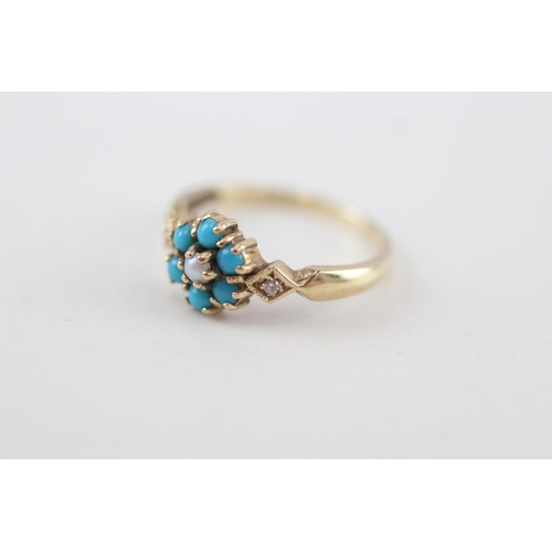 187 - 9ct gold faux turquoise & seed pearl floral cluster ring with cubic zirconia sides 1.9g Size N