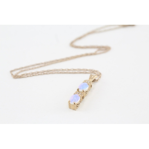 199 - 9ct gold diamond & opal bar pendant necklace 4g