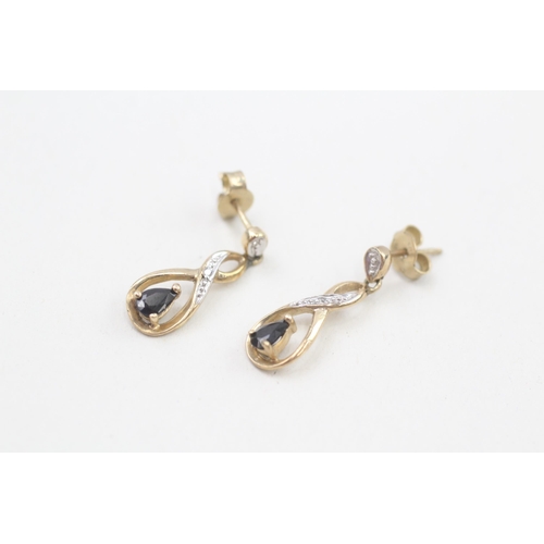 202 - 9ct gold diamond & sapphire drop earrings 1.9g