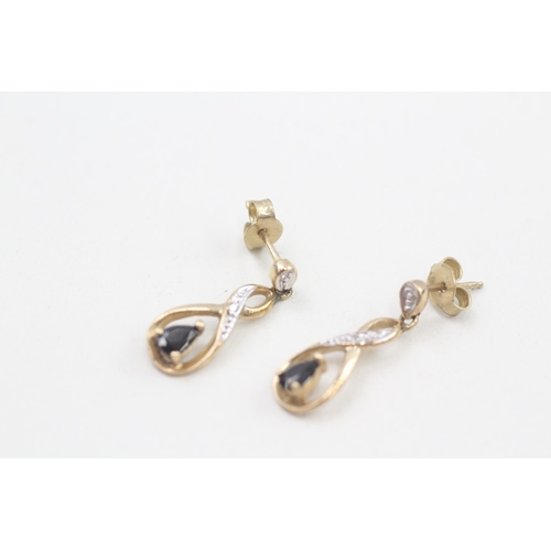 202 - 9ct gold diamond & sapphire drop earrings 1.9g