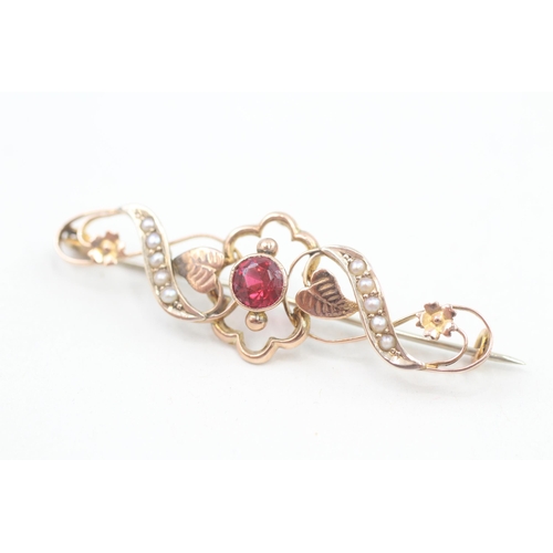 210 - 9ct gold antique seed pearl & red garnet topped doublet openwork brooch 2.5g