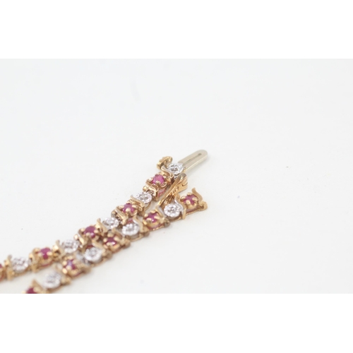 213 - 9ct gold diamond & ruby fancy link bracelet 6.8g